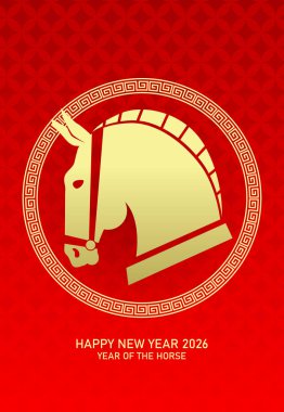 Zodiac at portresi çizimi. Zodiac at kafası altın sarısı ve kırmızı arka plan. 2026 yılının Çin yeni yılı posteri..