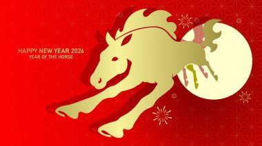 Zodiac at atlayışı şenlikli Cny 2026 arka planında. Kırmızı zemin üzerinde havai fişek süslemeleri olan altın at silueti.