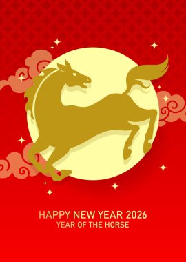 Zodiac at silueti 2026 tebrik kartı. Uğurlu bulutlarla kırmızı oryantal arka planda altın zodyak at şekli. 