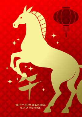Çin feneri geçmişi olan Zodiac at silueti. 2026 yılının Çin Yeni Yılı. Kırmızı arka planda altın at şekilli geleneksel tebrik kartı..