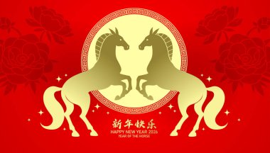 Çiçekli arka planda Zodiac atları çifti 2026. 2026 yılının Çin Yeni Yılı. Altın atlı çiftle geleneksel kırmızı arka plan..