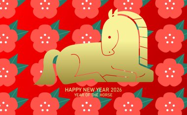 Minimalist tarzda oturan zodyak atı. Atın yeni yılı 2026 çiçek desenli tebrik kartı..