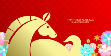 2026 yılının en minimalist Çin yılbaşı kartı. Çiçek desenli arkaplanda Zodiac at resmi.