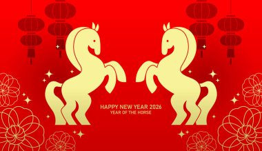 İki simetrik zodyak at yetiştiriyor. 2026 yılının Çin yılbaşı bayrağı ve minimalist tarzında zodyak atları..