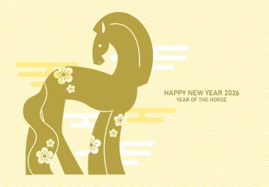 Stilize edilmiş minimalist zodyak at silueti ve erik çiçekleri. 2026 yılının Çin yeni yılı tebrik kartı..