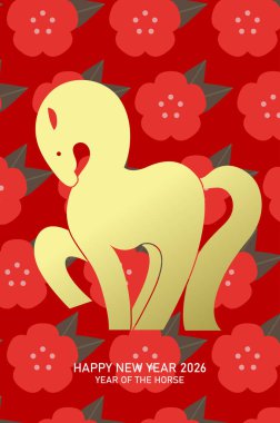Çiçekli arka planda minimalist stilize zodyak atı. 2026 yılının Çin yeni yılı tebrik kartı..