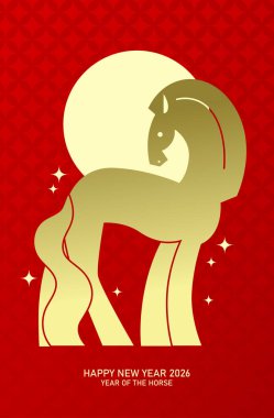  Ay arka planında minimalist stil zodyak at şekli. 2026 yılının Çin Yeni Yılı kırmızı arka planda altın at silueti olan tebrik kartı posteri..