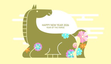 Minimalist tarzda Zodiac atı. 2026 yılının Çin yeni yılı. Altın at şekilli ve bahar çiçeği desenli tebrik kartı vektörü..