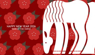 Minimalist stil illüstrasyonlu Zodiac atı. 2026 yılının Çin Yeni Yılı tebrik kartı posteri..