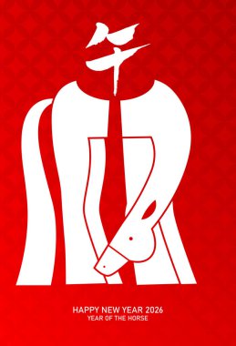 Minimalist stil illüstrasyonlu Zodiac atı. 2026 yılının Çin Yeni Yılı tebrik kartı posteri..