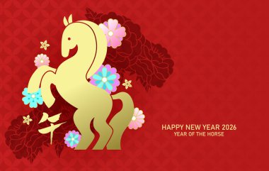 Çiçek desenli Zodiac atı. Atın yeni yılı şakayıklar ve çeşitli bahar çiçekleri ile.