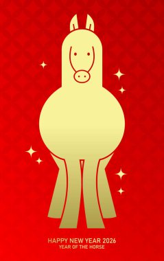 Minimalist stilize zodyak atı. 2026 yılının Çin Yeni Yılı kırmızı arka planda altın at şekilli tebrik kartı..