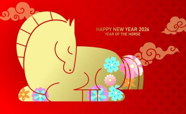 Çin burcundan şirin stilize edilmiş at. Atın yeni yılı 2026 tebrik kartı afişi dekoratif çiçekler ve bulutlu arka plan.