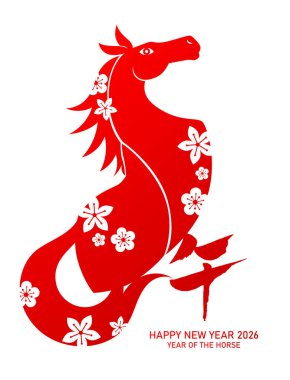 Erikli çiçek desenli kağıt kesim tarzında stilize edilmiş Çin zodyak atı. Çin yeni yılı 2026 Minimalist tebrik kartı.