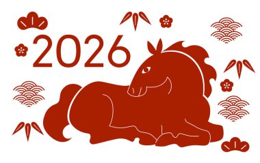 Stilize zodyak atı çiçek ve bitkilerle poz veriyor. 2026 yılının Çin yeni yılı tebrik kartı..