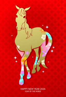 Bahar çiçekleri desenli zarif Çin burcu at kartı. Ay yeni yılı 2026 vektör poster illüstrasyonu.