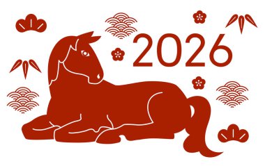 Stilize zodyak atı kağıt kesim tarzında ve çeşitli şekillerde. Yeni yılın kutlu olsun 2026 kart vektörü.