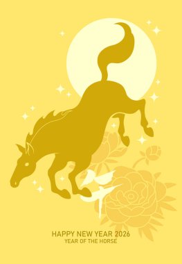 At kartında şakayık desenli zarif bir yıl. Çiçek arkaplanda Zodiac at silueti şekli.