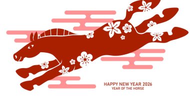 Zodyak at silueti kağıt kesiği şeklinde, erik çiçeği desenli. Yeni yılın kutlu olsun 2026 tebrik kartı vektörü..