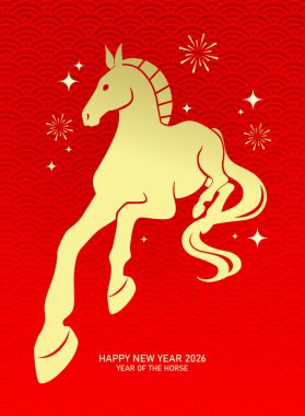 Altın zodyak at silueti 2026 kartı. At şeklindeki at, Çin 'in yeni yılı için tebrik kartı posteri..