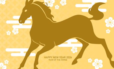 At Yılı 2026 afiş kartı. Arka planda Asyalı desenleri olan at şekli.