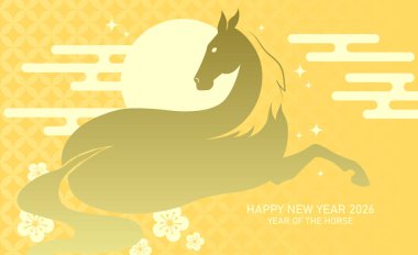 At yılı 2026 silueti erik çiçekleri ve uğurlu bulut desenleriyle.