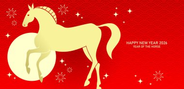 Havai fişek süslemeli Zodiac at afişi. 2026 yılının Çin Yeni Yılı veya 2026 vektör tebrik kartı..