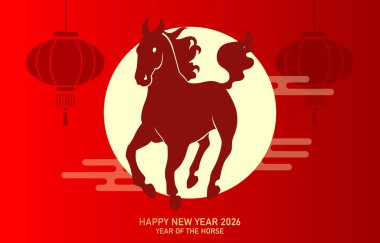 Fenerlerin arka planında asılı duran Zodiac at silueti. 2026 yılının Çin Yeni Yılı..