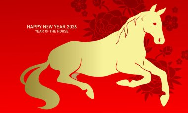 Arka planda şakayık desenli Zodiac at silueti. 2026 Çin Yeni Yılı tebrik kartı afişi..