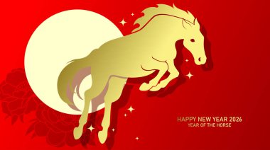 At atlayışı Çin 'in 2026 yılındaki yeni yılı için siluet oluşturur. Kırmızı zemin üzerinde şakayık desenli altın zodyak at.