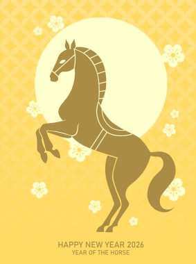 2026 yılının Çin yılbaşı kartı için yetiştirilen at. Zodyak at silueti erik çiçekleri arka planında.
