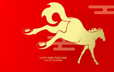 At minimalist kart yarışı atı yılı. Kırmızı zemin üzerinde bulutlu altın zodyak atı.