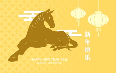 Fenerlerin asılı olduğu at kartının yılı. Asyalı arka planda oturan Zodiac at silueti.