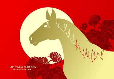 Zodiac at kafası. At 2026 'nın Çin yeni yılı. Şakayık arka planında at portresi resmi olan tebrik kartı..