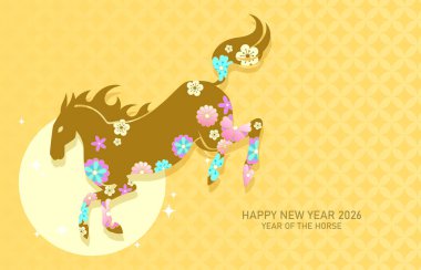 Çiçek desenli vektör resimli Zodiac at silueti. 2026 yılının Çin yılbaşı bayrağı..