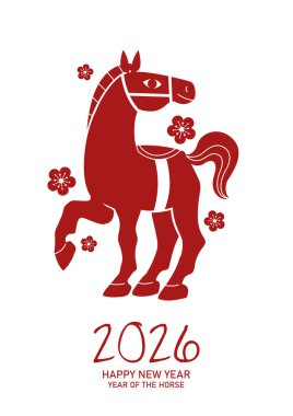 At 2026 yılındaki Çin posteri kesim stili. Erik çiçek desenli Zodiac at vektör çizimi.