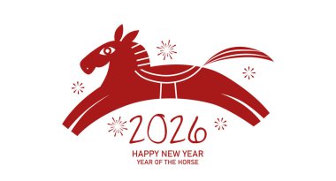 Kağıt kesiği şeklinde stilize edilmiş zodyak atı. Atın Çince yeni yılı 2026 tebrik kartı illüstrasyonu.