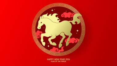 Atın Asya bayrak taşıyıcı illüstrasyonunun yılı. Ay yeni yılı 2026 tebrik kartı. Yuvarlak çerçeveli zodyak at silueti..