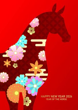 Çiçek desenli Zodiac at kafası profili. At 2026 yılının Çin yılbaşı posterinde at portresi silueti var..