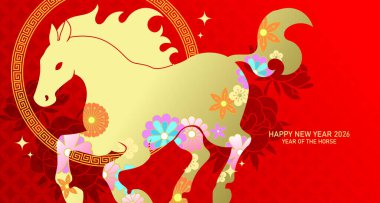 Zodiac koşu atı 2026 tebrik kartı. Ay yeni yılı at pankartı taşıyıcısı çiçek ve şakayık desenli.