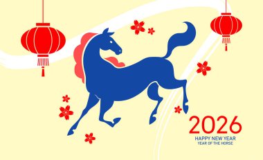 Fenerli at kartının şirin minimalist yılı. Ay yeni yılı 2026 vektör illüstrasyonu.