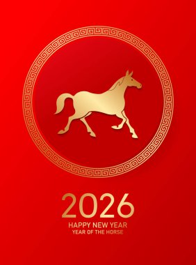 Minimalist altın ve kırmızı Çin Yeni Yıl kartı 2026. Çin dairesi çerçevesinde Zodiac atı.