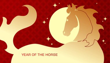 Kırmızı arka planda altın zodyak atı. Çin Yeni Yılı 2026 afiş illüstrasyonu. Zodiac at profili başı.
