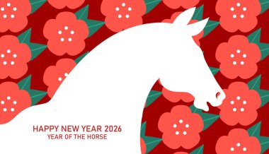 At 2026 yılı profil yakın çekim kartı. Çiçekli arka planda Zodiac at portresi.