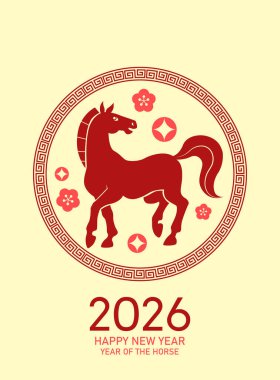 2026 yılındaki at kartında Çince yuvarlak çerçeve var. Çince kağıt kesim tarzında Zodiac atı.