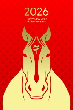 At 2026 'nın gerçekçi yüzü yakın plan. Zodiac at portresi altın ve kırmızı kart illüstrasyonu.