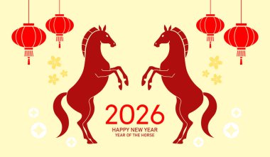 At yılı 2026 simetrik atlar çifti. İki zodyak atı ve fener süslemeleri olan ay yeni yıl afişi..