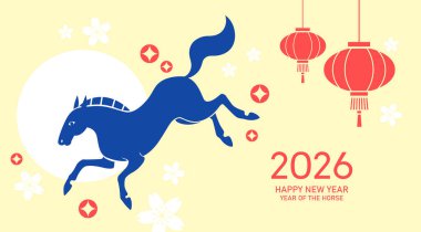 Çin yeni yılı 2026 modern kart tasarımı. Ay 'ın yeni yılı 2026 minimalist bayrak taşıyıcı illüstrasyonu ve zodyak at asılı fenerlerle arka planda.