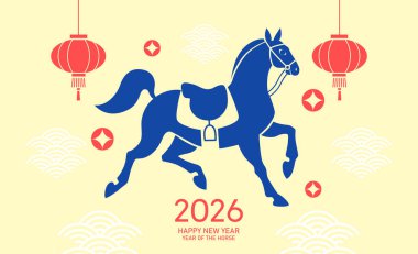 2026 yılındaki at pankartı, fener süslemeleri. Ay yeni yılı 2026 sancak vektörü zodyak atı ve asılı fener süslemeleri.