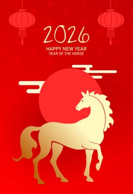 2026 altın ve kırmızı poster taşıyıcısı Çin Yeni Yılı. Ay yeni yılı 2026 posteri, zodyak atı ve fener asma geçmişi var..